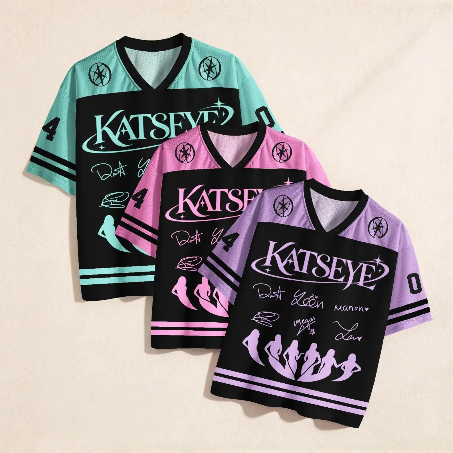 KATSEYE Member Signatures & Silhouette Jersey Shirt - Y2K Colorblock Oversized Football Tee, Soft Breathable Mesh V-Neck Tour Merchandise for Women & Men, Cute K-Pop Concert Outfit for Summer