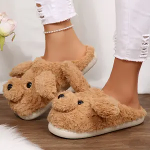 Cute Dog Plush Slippers for Women, Warm Fuzzy Animal Slippers, Non-Slip Indoor Outdoor House Slippers
