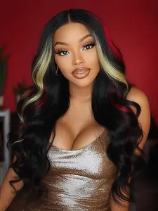 Black Skunk Stripe Blonde Highlight Red Synthetic Lace Front Wig Glueless Long curls Mixed Red Black Colored 13x4 Lace Front Wigs For Women Pre Plucked With Baby Hair 28 Inches Glueless Curly Wig