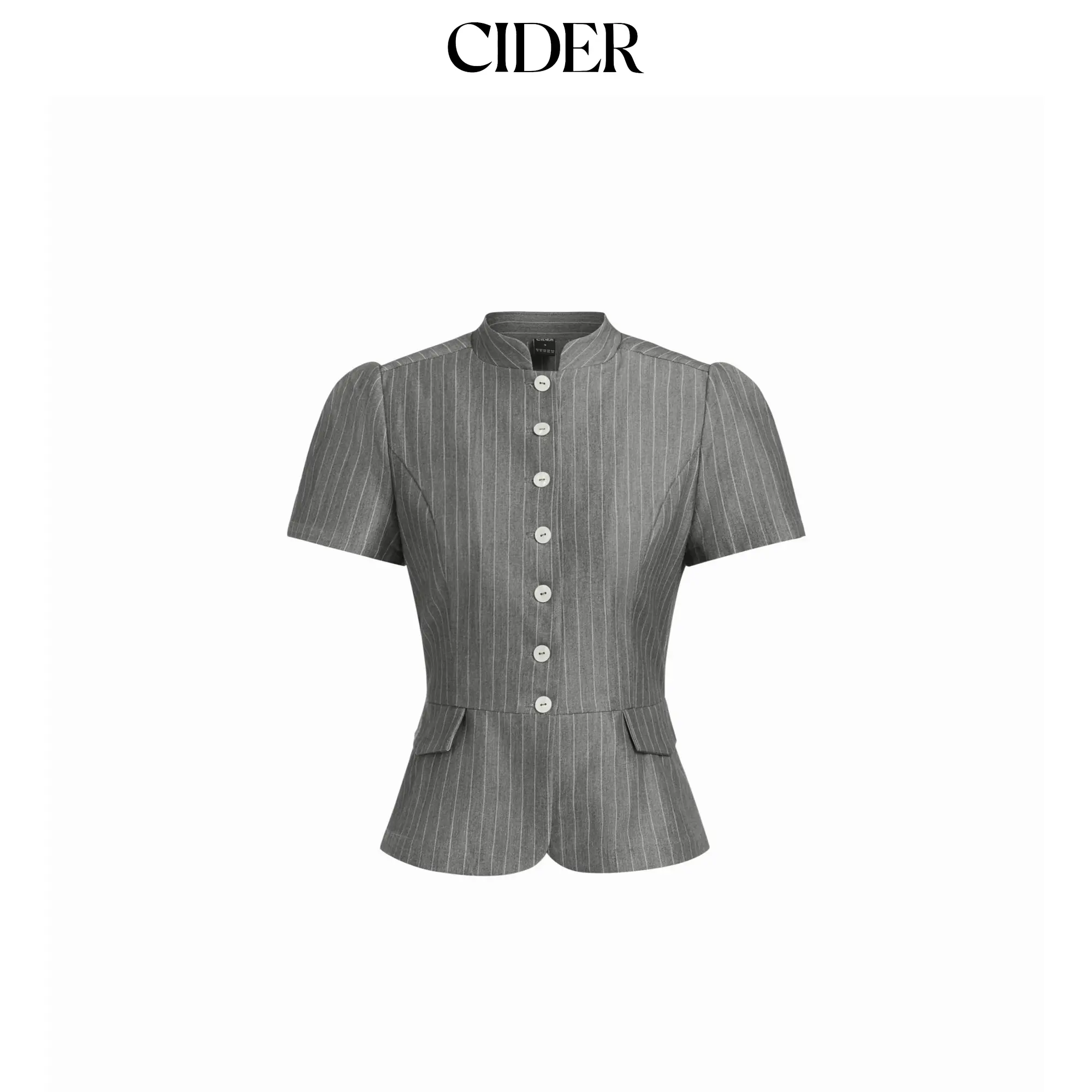 Cider Striped Stand Collar Puff Sleeve Button Through Peplum Blouse, Shortsleeve, Top