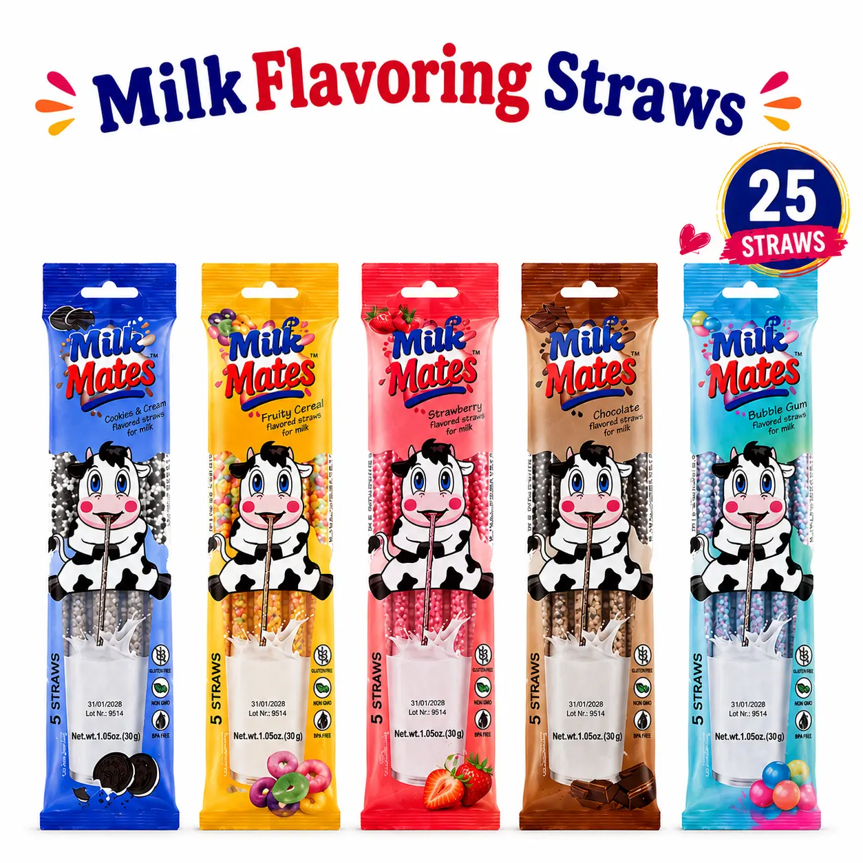 Milk Mild Flavoring Straws for 7 oz Glass of Milk – 25 Starws (5 of Each Flavor) Chocolate, Strawberry, Cookies & Cream, Fruity Cereal & Bubble Gum | Flavored Milk Straws for Kids