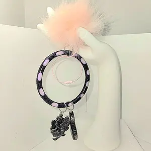 Personalized Initial Keychain Wristlet Phone Holder Black Pink Gun Metal Rose Charm Heart Charm with Silver 3D Initial Powder Pink Faux Rabbit Puff Gun Metal Finish