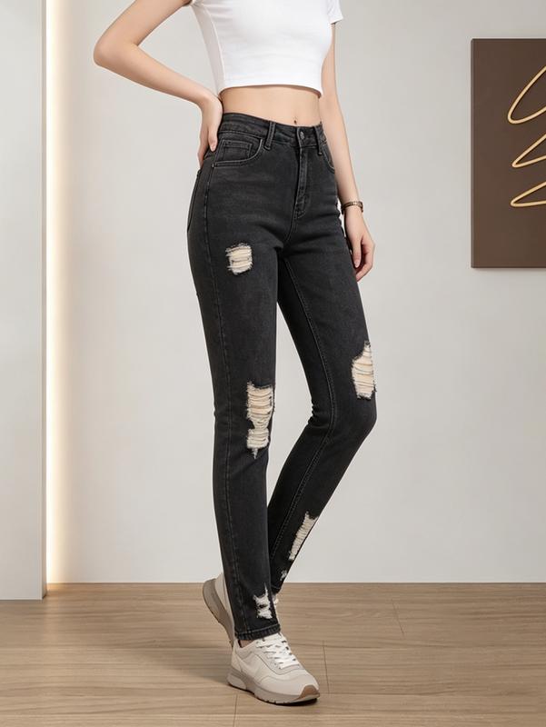 Women's High Waist Ripped Skinny Jeans - Black Wash Distressed Denim Pants with Frayed Holes, Fitted Slim Leg, Everyday Simple Fashion Piece for Casual Streetwear Y2K Edgy Looks
