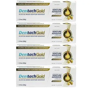 Denttach Gold Denture Adhesive, Petroleum Free Olive Oil Based Premium Denture Adhesive Cream for Full and Partial Dentures, All Day Secure Hold Denture Glue, Zinc Free, 2.4 Ounce
