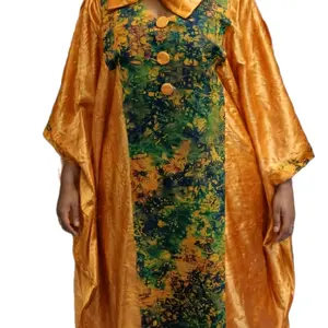 Elegance Pattern Dress with Vibrant Orange Cape and Green Floral Design