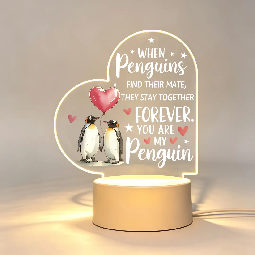 Romantic Heart-Shaped Penguin Couple LED Night Light, 2D Flat Acrylic USB-Powered Bedside Lamp with Love Quotes, Desk Decor, Gifts for Boyfriend Girlfriend, GF Gift for Birthday Valentine's Day Anniversary