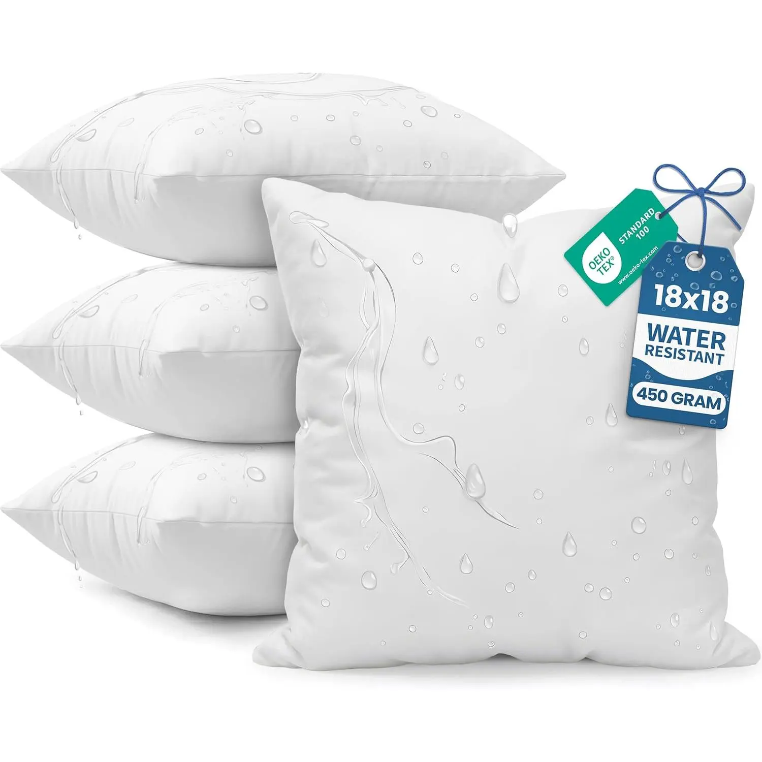 Outdoor Pillow Inserts 18 x 18 Inches (Pack of 4, White), Water Resistant Garden Throw Pillows for Patio and Porch Furniture