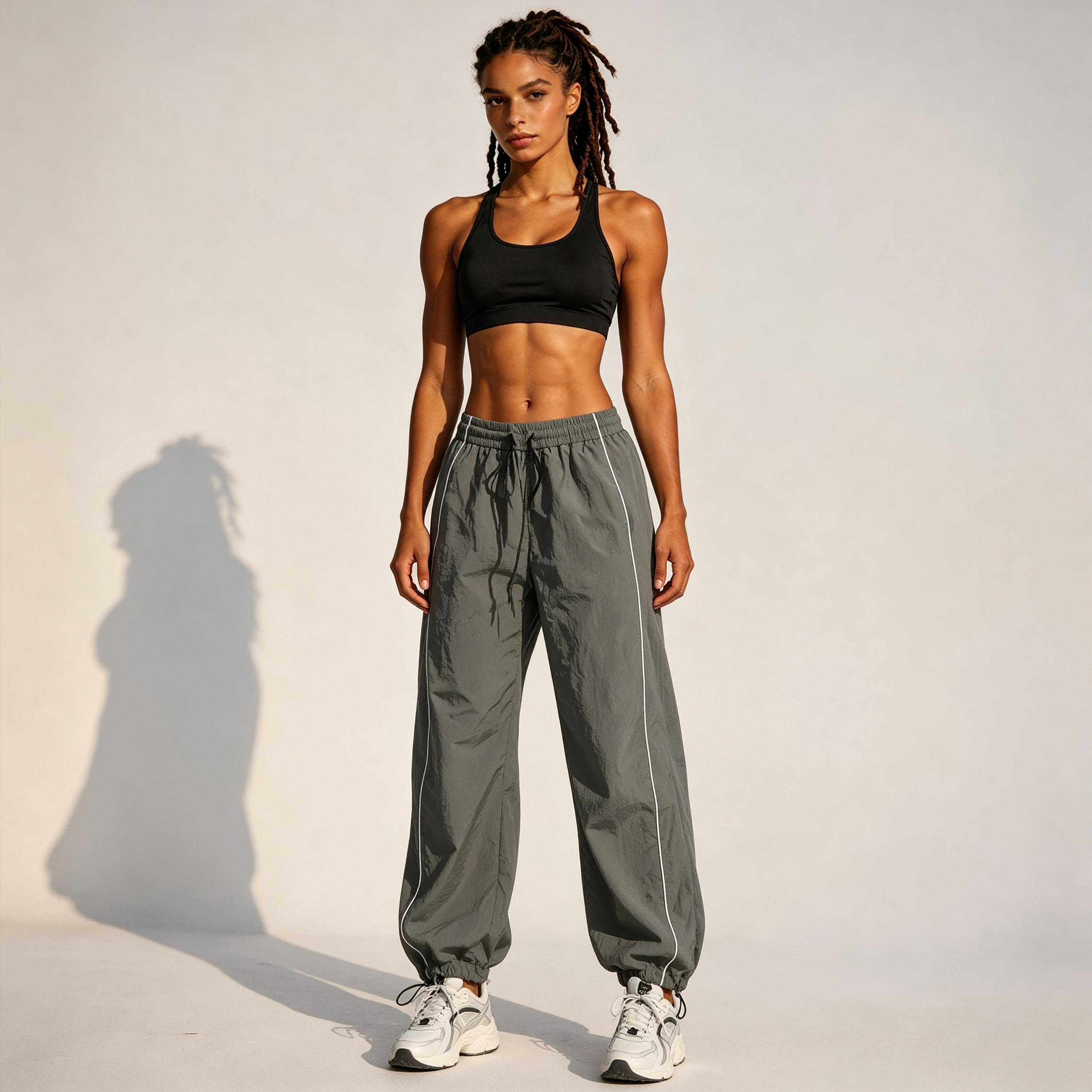 Women’s 2-Pack High-Waisted Parachute Track Pants - Polyester, Side Stripes, Elastic Waist, Drawstring Cuffs, Loose-Fit Windbreaker Joggers, Sporty Chic All-Season Casual Streetwear Athletic Bottoms, Polyester Pants, Casual Wear daily wear pant
