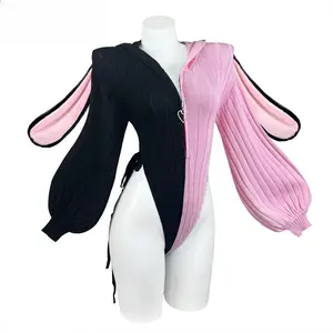 Koruraclub Cute women's Pink black color matching Bunny jumpsuit knitted sweater grey bunny underwear Fluffy rabbit ears tail