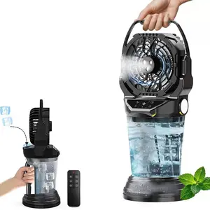 Portable Camping Misting Fan with 2L Bucket 38000mAh Rechargeable Multifunction Fan,Infinitely variable speed,3 Spray Mister with LED Lantern,Remote & Hook for Patios,Fishing,Travel,Garden Party,Golf,Outside,  RGB Light