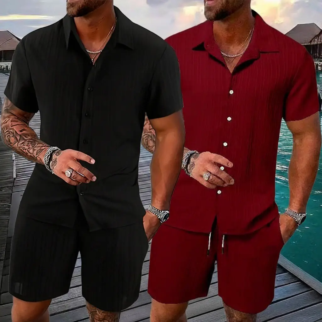 Men’s casual two-piece set: solid-color polo shirt and drawstring shorts; comfortable, breathable outdoor outfit; men’s summer clothing; short-sleeve button-up shirt and shorts set; suitable for vacations, the beach, and everyday wear. Tropical
