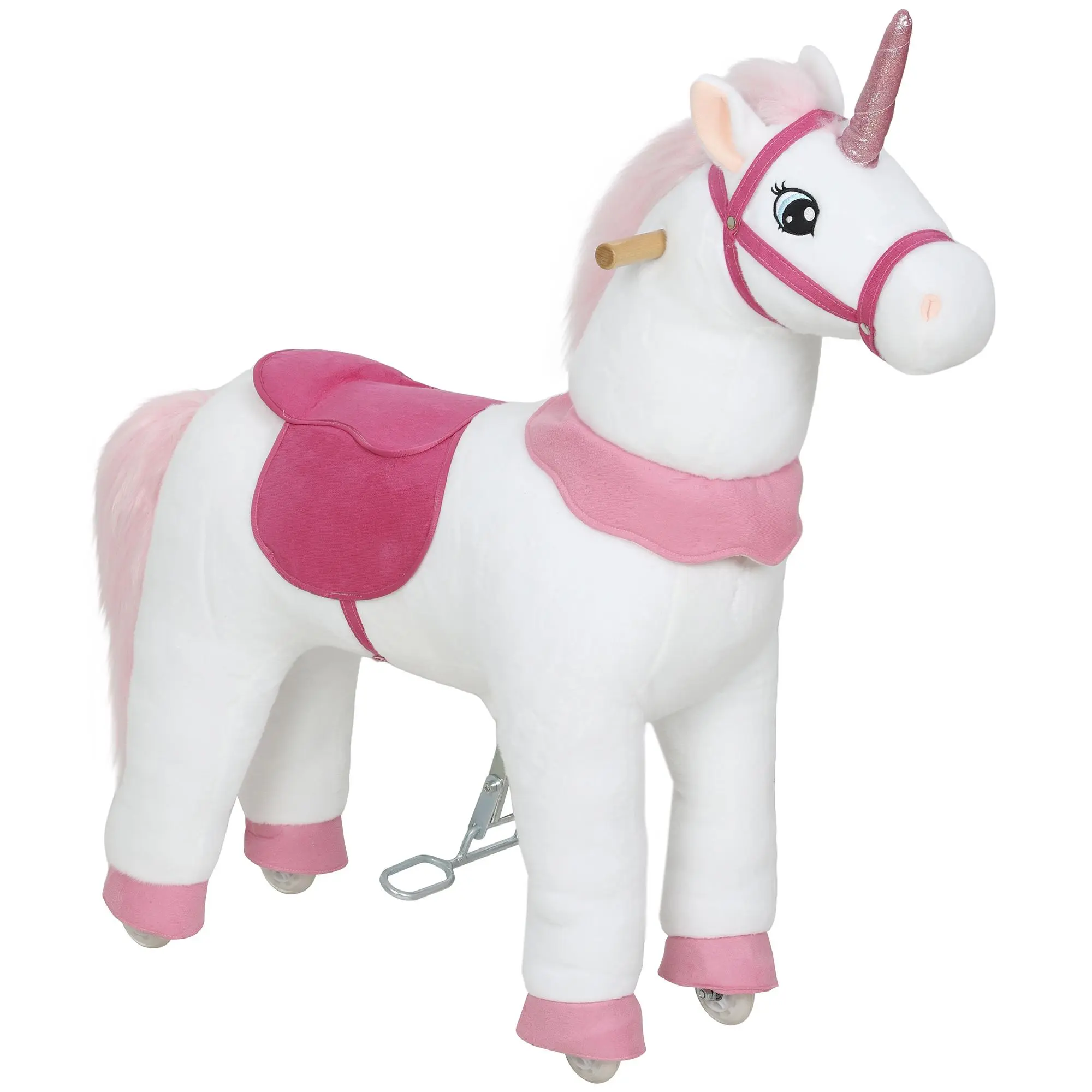 Qaba Ride on Horse for Kids 4-7 Years, 37.8 Inch Height Plush Riding Unicorn, Walking Horse Animal with Rolling Wheels for Active Play, No Batteries Required, White