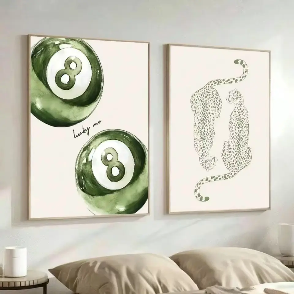 2pcs Sage Green Leopard Leopard Print "Lucky Me" No. 8 Billiard Lounge Bedroom Wall Art Funny Fashion Animal Art Frameless Canvas Artistic Decorative Painting Vibrant Print Home Wall Decor