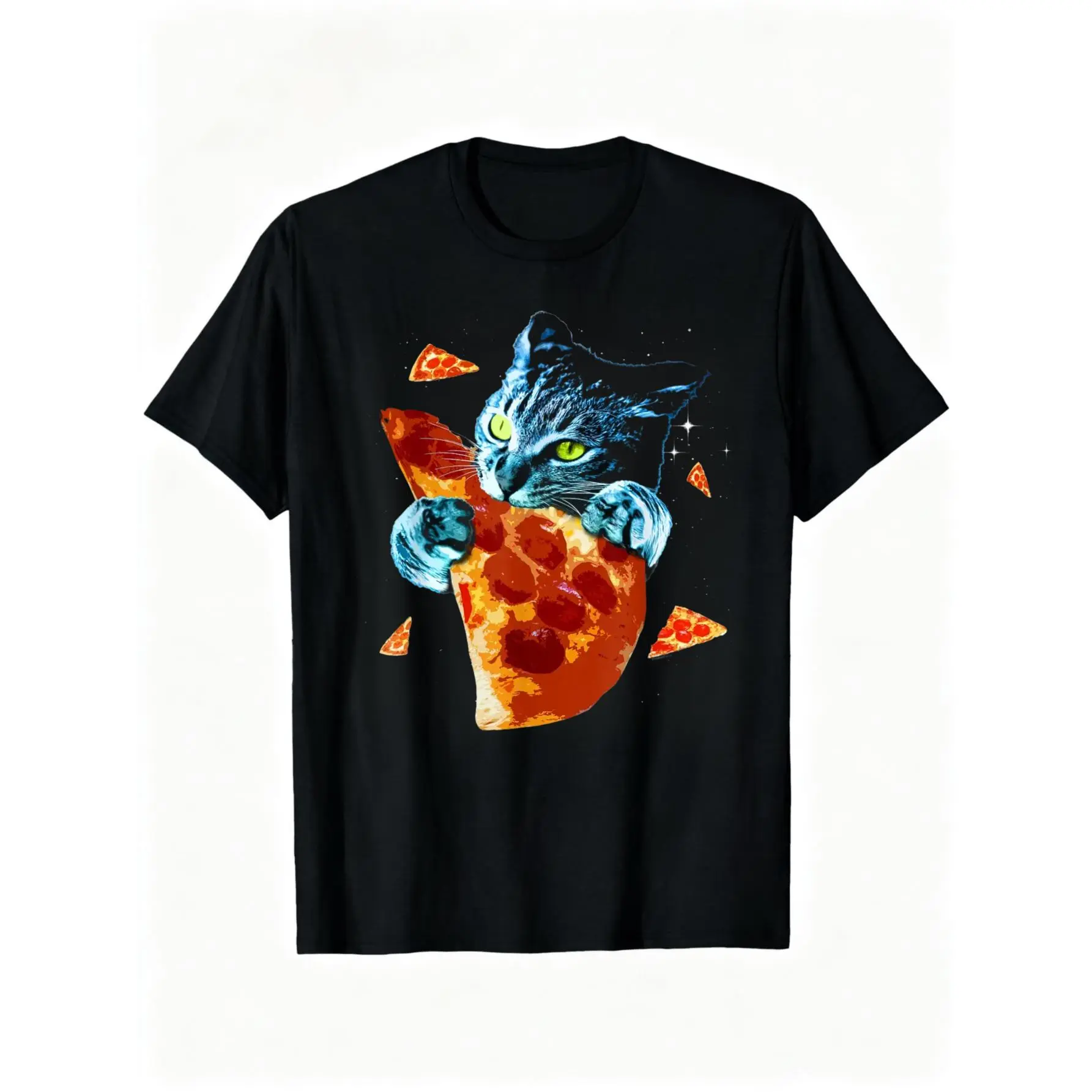 100% Cotton Unisex Pizza Cat in Space T-Shirt Funny Humor Outfit Graphic Printed Tee