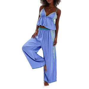 Women's 2 Piece Satin Silk Pajama Lounge Sets Lace Trim Bow Cami Top and Pants Silky Sleepwear Outfit