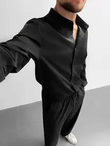 Men's 2-Piece Set Casual, Textured Fabric Relaxed Fit Stand Collar Long Sleeve Shirt & Elastic Waist Pants, Perfect for Vacation