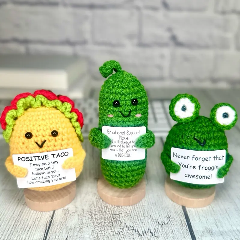 Positive Pickle Gift with Wood Stand, Cute Handmade Crochet Cheerful Potato, Send a Hug, Thinking of You, Cheer Up Gift