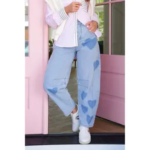 Light Wash Barrel Jeans with Hearts