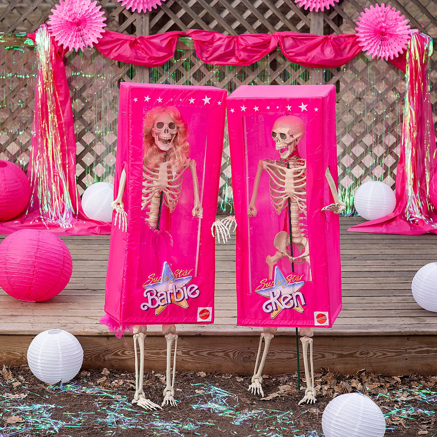 6-Pc Halloween Decorating Kit - Plastic Bendable Posable Skeleton Figure, 1 Synthetic Farrah Blonde Wig, 1 Nylon Hot Pink Tutu for Fun Scene Festive Decorations