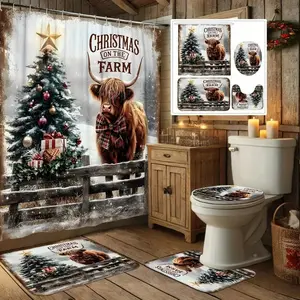 4pcs Christmas Highland Cow design, exquisite shower curtain set, non-slip floor mat, U-shaped carpet, toilet lid cover, perfect for bathroom decoration, partition, beautify space, 12 shower curtain hooks are given