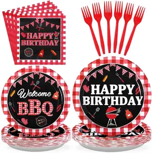 96 Pcs BBQ Party Decorations for Birthday Picnic Red and Black Gingham BBQ Baby Shower Plates Supplies Summer Picnic Baby Q Birthday Party Decorations for Summer Barbecue Kids Adults