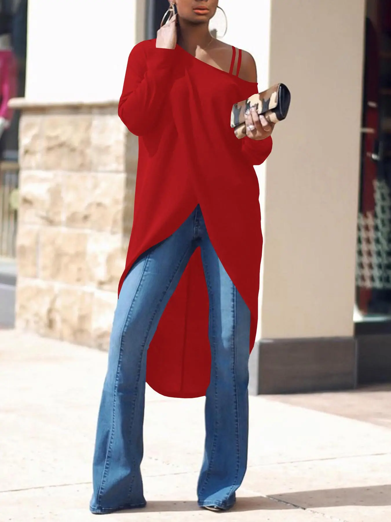 Women's High Low Hem Asymmetrical Neck Tee, Casual Wrap Long Sleeve T-Shirt Top, Ladies Everyday Fit Womenswear Clothes for Daily Wear