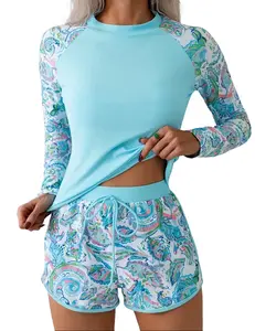 Light Blue Paisley Print Long Sleeve 2-Piece Swimsuit, Elastic Slim Fit Drawstring Boyshorts Quick Dry Breathable Swimwear for Women Beach Vacation & Surfing
