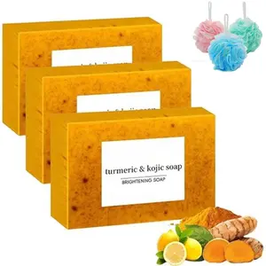 3PCS Turmeric Soap for Spots Remover-Honey Lemon Turmeric Kojic Soap Bar for Face and Body, Organic Daily Use Skin Care Soaps, Deep Cleansing Moisturizing,...