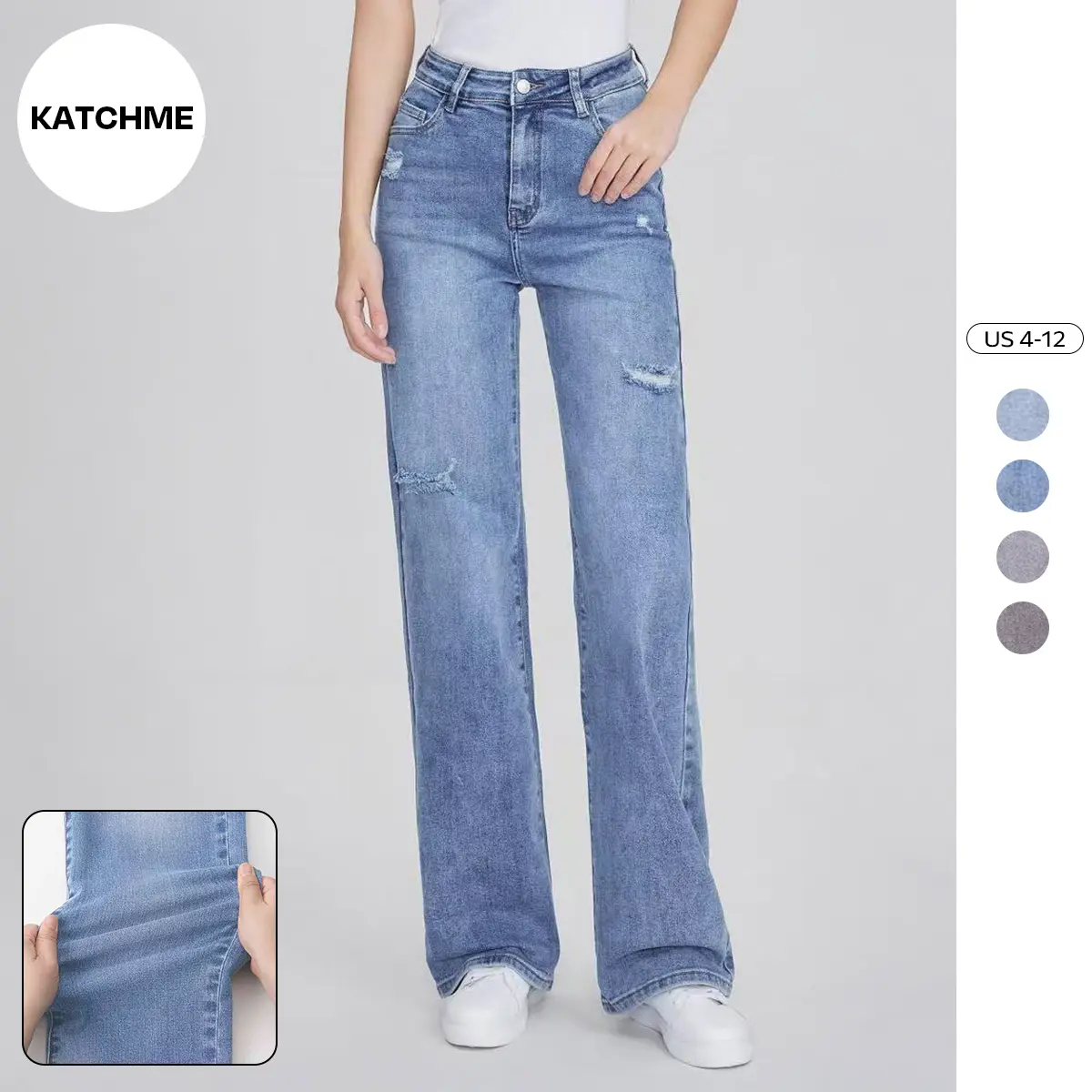 KatchMe Women's Basic High Waist Multi-Pocket Ripped Wide Leg Jeans, Figure Flattering Stretchy Soft Pants, Classy Durable Denim Trousers, Loose Non-Shrinking Bottom