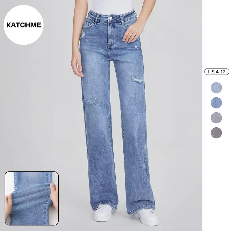 KatchMe Women's Basic High Waist Multi-Pocket Ripped Wide Leg Jeans, Figure Flattering Stretchy Soft Pants, Classy Durable Denim Trousers, Loose Non-Shrinking Bottom