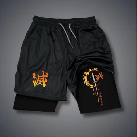 Demon Slayer Rengoku Kyoujurou 80s 90s summer men shorts for men jorts outfit men graphic shorts Double-layer sports shorts Comfortable short shorts summer