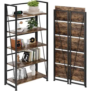 BHG Vintage Multifunctional Folding Bookshelf, No-Assembly Plant Stand Storage Rack Shelves for Home Office (Fire, 5-Tier)
