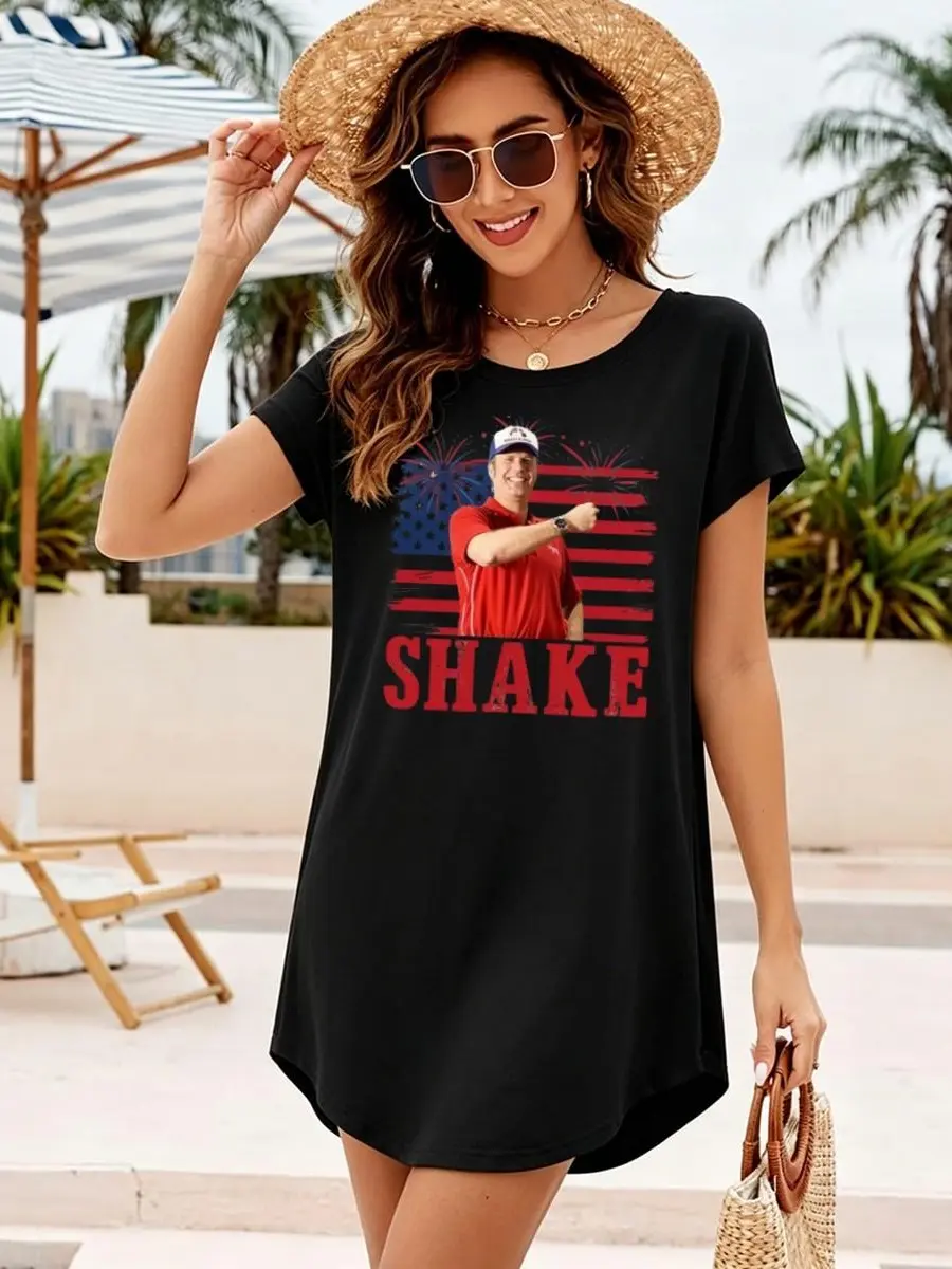 Women's Vintage USA Flag Fireworks Shake Meme Golf Graphic Black Curved Hem Shortsleeve Tunic Dress - Smooth Minimalist Casual Loose Summer Dress for Lady, Viral TikTok Patriotic Golf Fan Print, Matching Accessories Compatible, Elegance, Lightweight, Stra