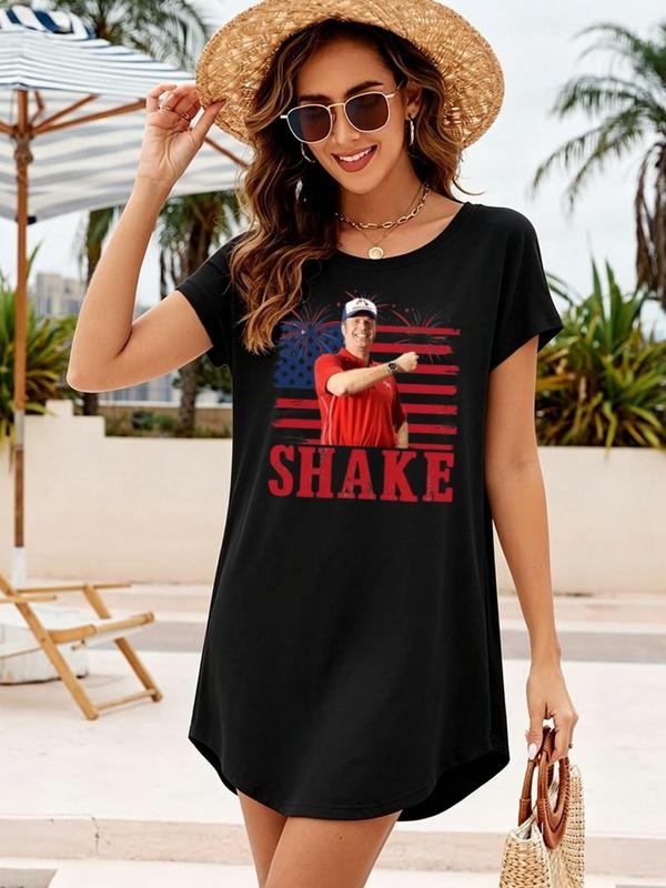 Women's Vintage Patriotic Graphic Crew Neck T-Shirt Dress - Casual Short Sleeve, Minimalist Ruffles, Medium Weight Twill Elastane Polyester Blend, Relaxed Cut A-Line, Anti-Pilling, Breathable Daily Beach Tunic, No Ironing/Bleaching, Sohochic