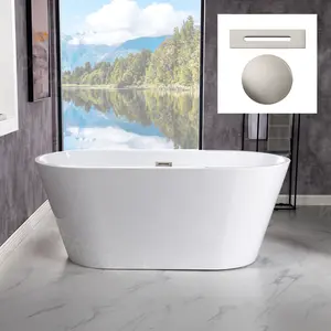 WOODBRIDGE 54" Acrylic Freestanding Bathtub Contemporary Soaking Tub with Brushed Nickel Overflow and Drain, White Tub, B1702