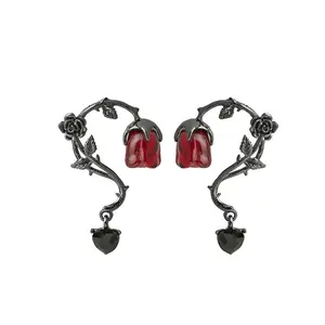 Gothic Thorn Vine Red Rose Drop Earrings, Dark Aesthetic Silver Needle Stud Earrings for Women, Elegant & Unique Floral Jewelry for Everyday, Parties, and Gothic Outfits