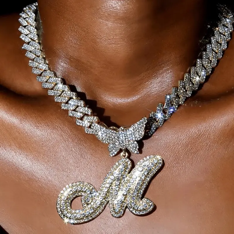 Rhinestone Initial Cuban Necklace/Bracelet Set with Decorative Rhinestone Design and Unique Shape