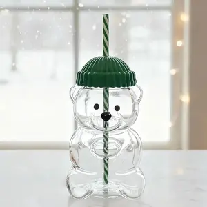20oz Clear Bear Glass Tumbler, Aesthetic Iced Coffee Mug with Striped Straw & Lid, Heat-Resistant Summer Drinkware for Smoothies, Boba, & Iced Tea