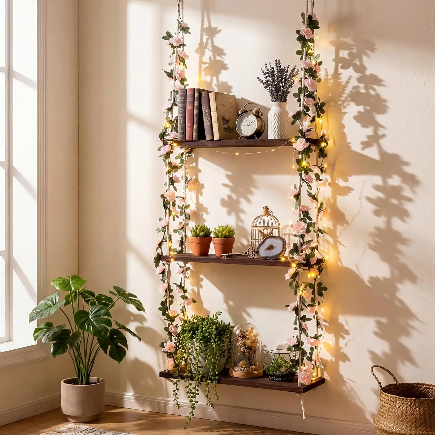 Rustic Wooden Hanging Shelves, 3 Tier Boho Wall Mounted Organizer with Pink Floral Vines, Farmhouse Decor for Bedroom and Kitchen, Ready to Gift Set, Flower Design