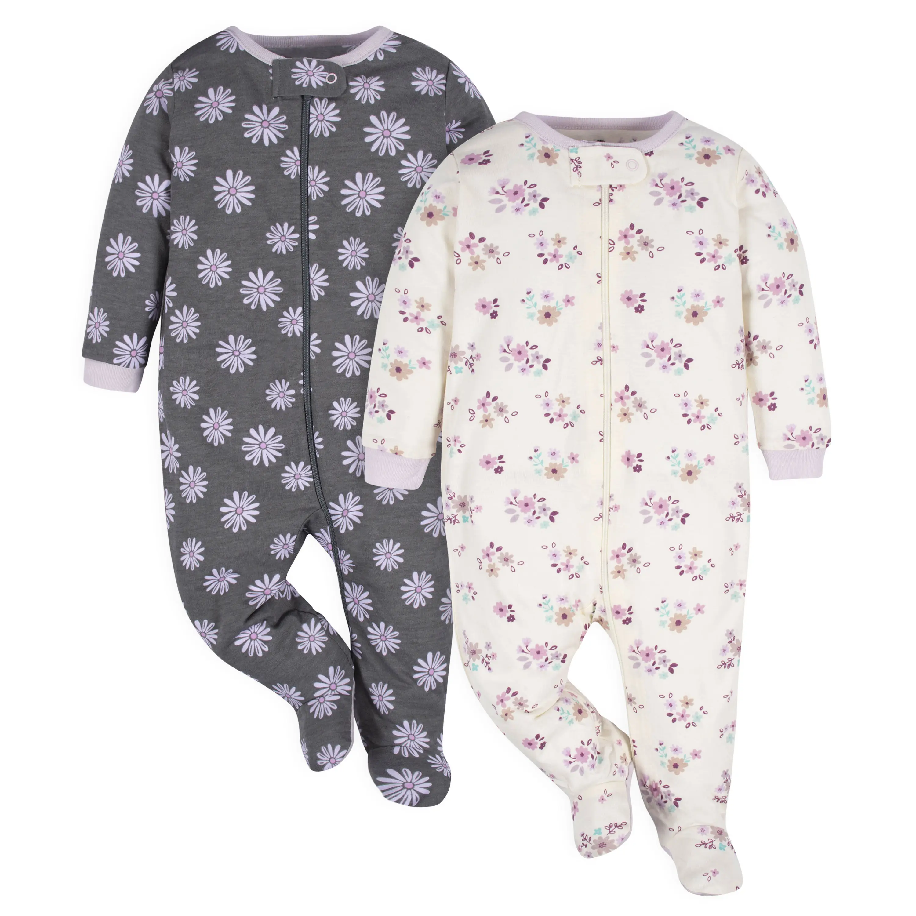 Baby Girls' Snug Fit Footed Pajamas with Full Zipper, 2-Pack