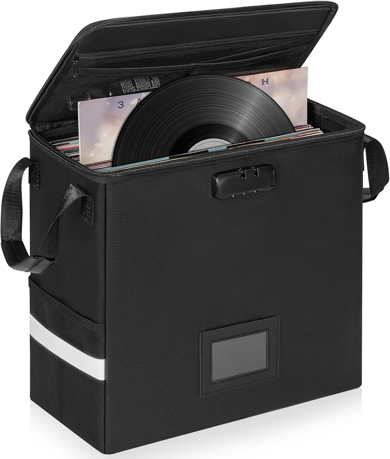 Black Fireproof Lockable Vinyl Record Storage Box - Home Organizer Bin, Holds 50 LPs (35-50 Capacity Range), Fits 7", 10", 12" Records for Music Collection