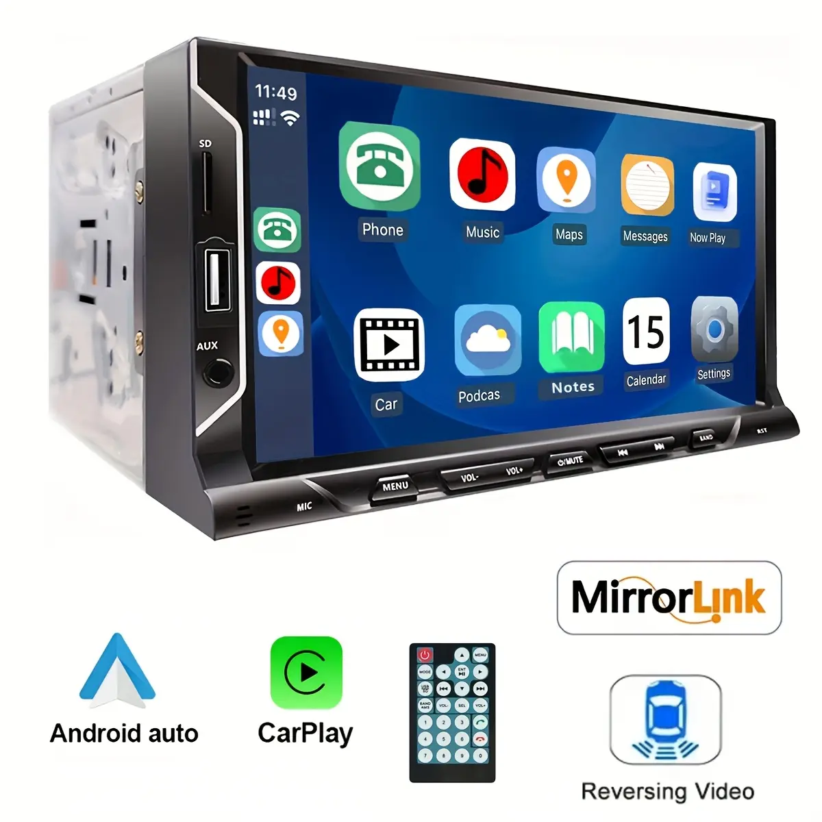 7 Inch Double Din Car Stereo Support Apple CarPlay Android Auto Mirror Link Capacitive Touchscreen Monitor Car Play Radio with Bluetooth 5.0, FM Radio, USB/TF/AUX Port, Backup Camera, Remote Control