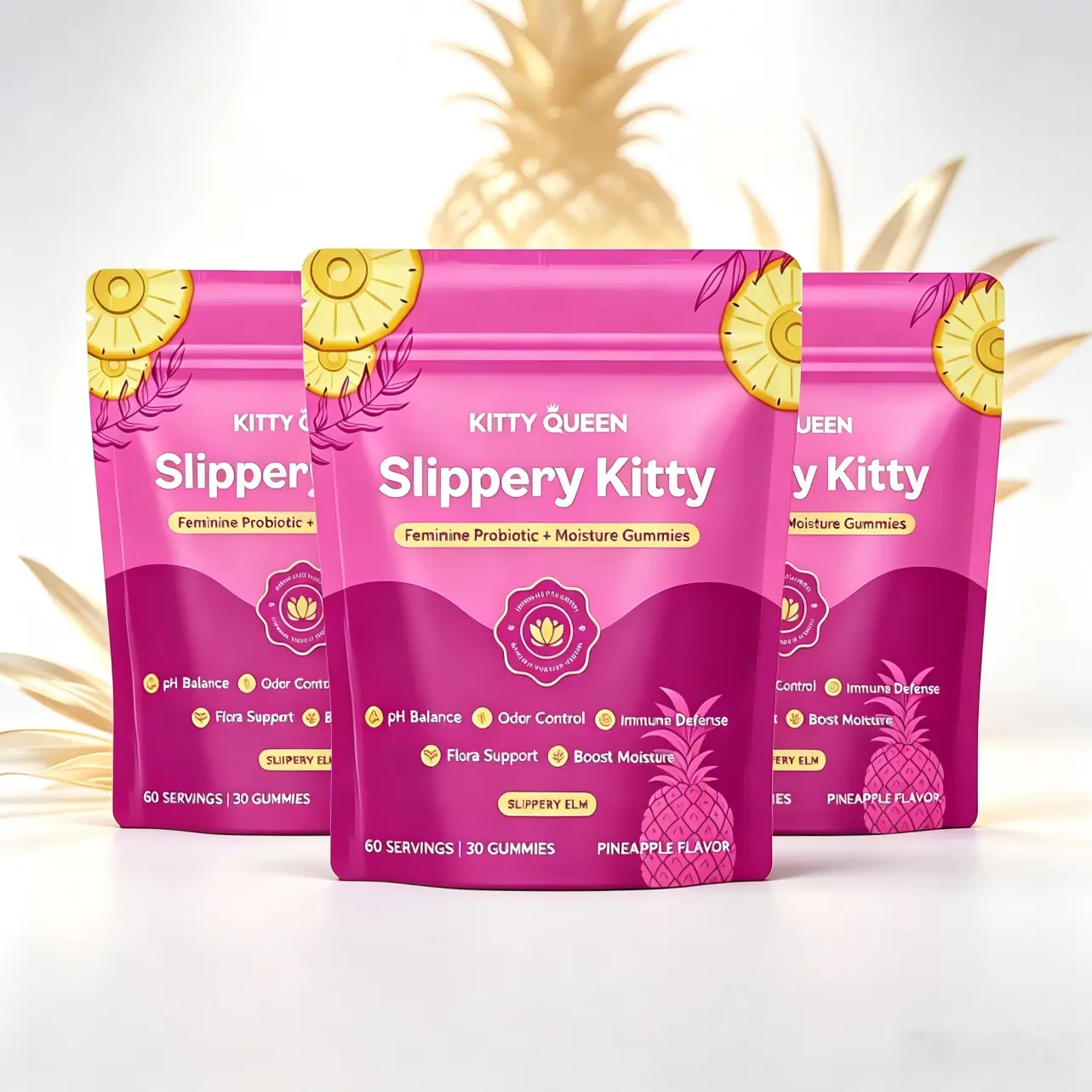 Slippery Kitty Feminine Probiotic + Moisture Gummies - All in One Solution with Slippery Elm 60 Count Pineapple Flavor