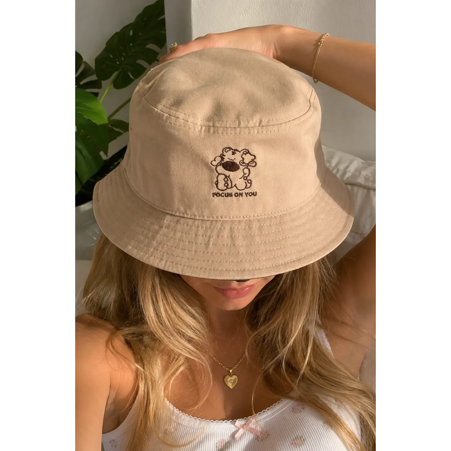 Focus On You Embroidered Bucket Hat – Tan Minimalist Hat