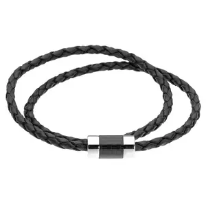 Braided Black Leather Wrap Bracelet with Stainless Steel and Carbon Fiebr Overstock