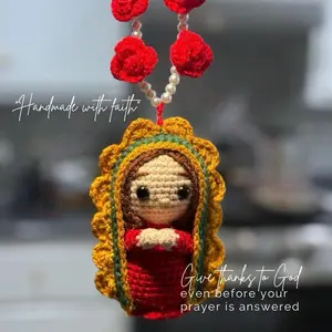 Virgin Mary Crochet Car Hanger Handmade Rearview Mirror Charm Catholic Gift Religious Car Decor Faith Car Accessory with Red Roses