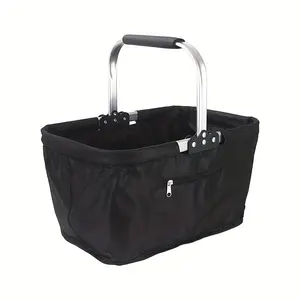 [Large Foldable Shopping Basket] with Aluminum Frame - Large Insulated Storage Basket with Lid, Insulated Black Oxford Fabric Tote Bag for Picnics, Groceries & More, Insulated Cooler, Outdoor Picnic Essentials, Back-to-School, Summer Vacations