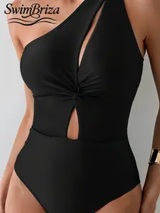 Briza｜One Shoulder Cutout Twist Front Black One Piece Swimsuit For Women With Tummy Control Swimsuits For Women As A Bathing Suit For Bathing Suits For Women And Swimsuits For Women, Vacation Swimwear For Women With Shapewear Swimsuit Chic