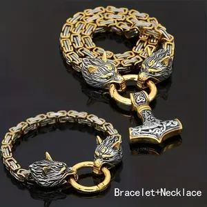 1pc Viking Wolf Head Thor Hammer Pendant Necklace - Stainless Steel King Chain Holiday Jewelry Gift for Men