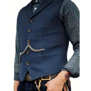 Men's Classic Brown Tweed Vest - Herringbone Wool Blend, Sleeveless Suit Tops�� Menswear Polyester Wetsuit Fabric Blue Casual Acrylic
